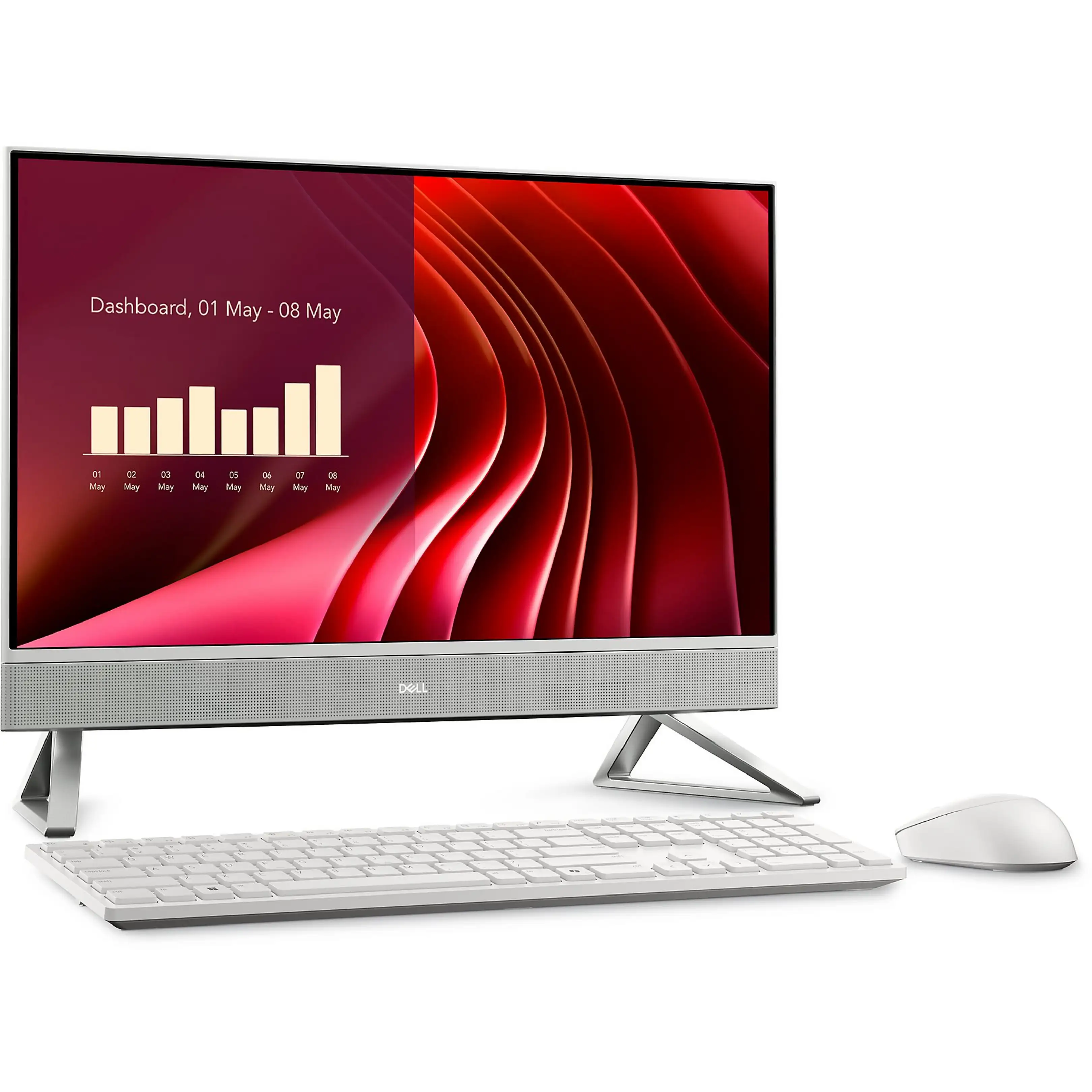 Un computer all-in-one Dell bianco con schermo astratto rosso, tastiera e mouse su sfondo bianco.