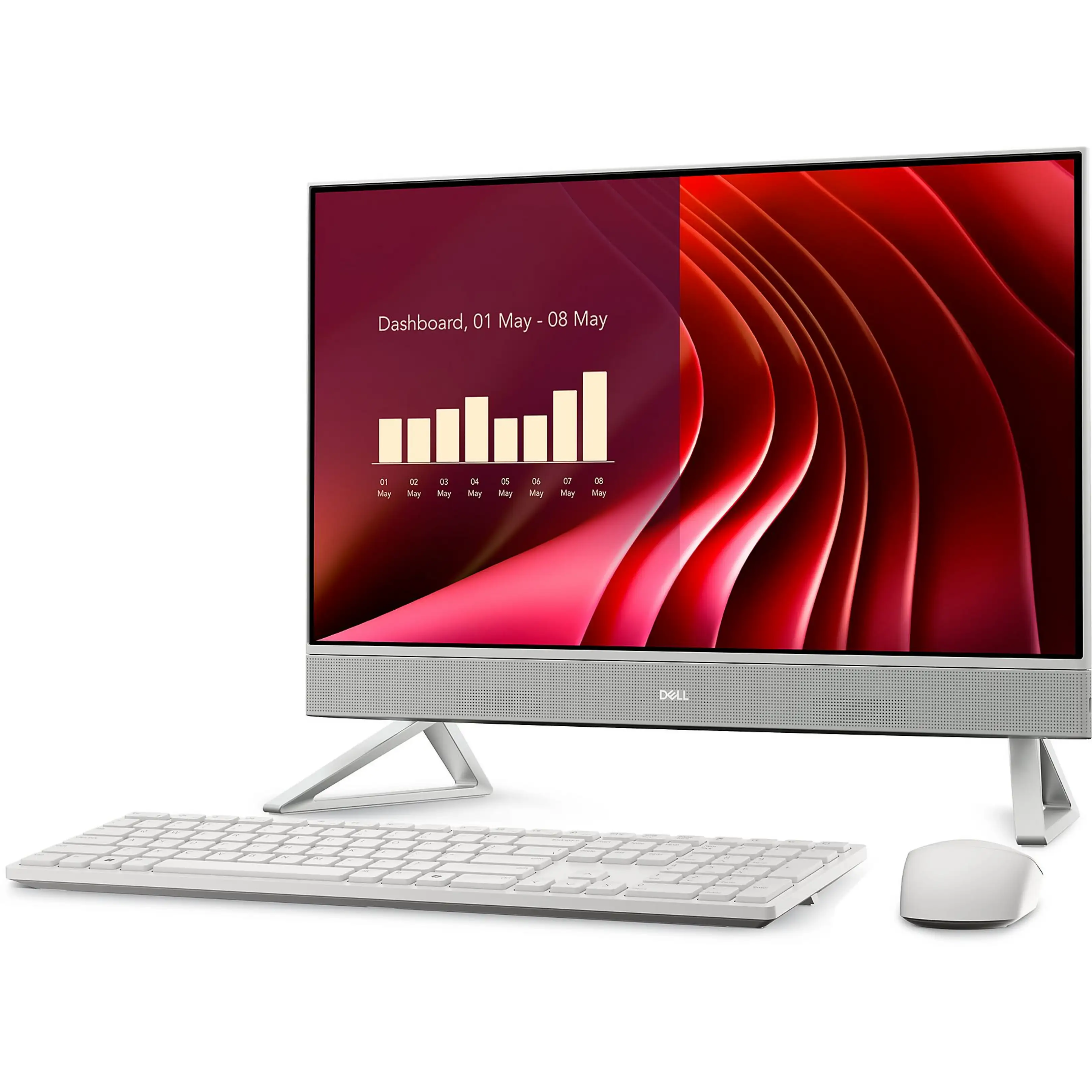 Un computer all-in-one Dell bianco con schermo rosso, tastiera e mouse su sfondo bianco.