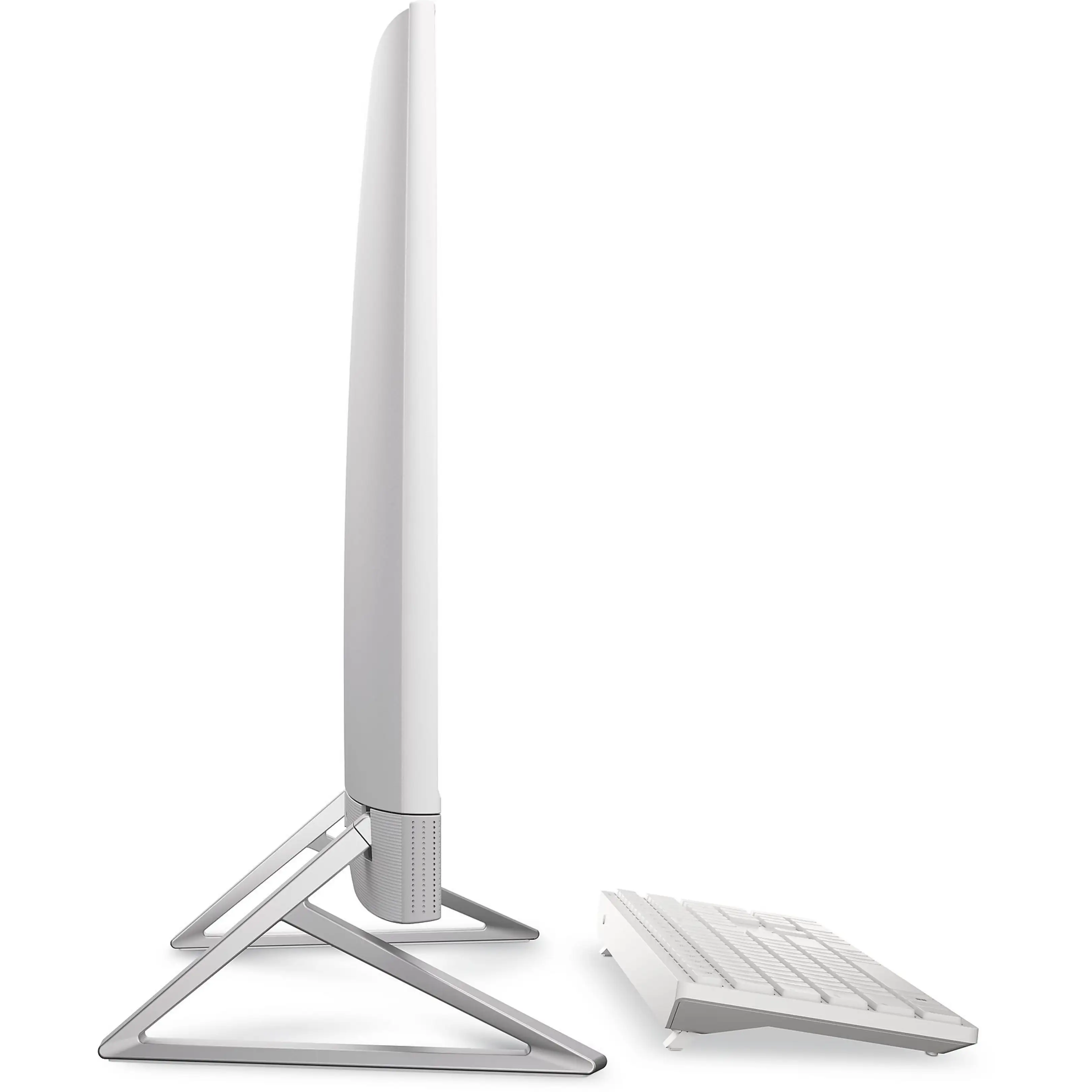 Vista laterale di un computer all-in-one bianco sottile su supporto argentato con tastiera bianca abbinata.