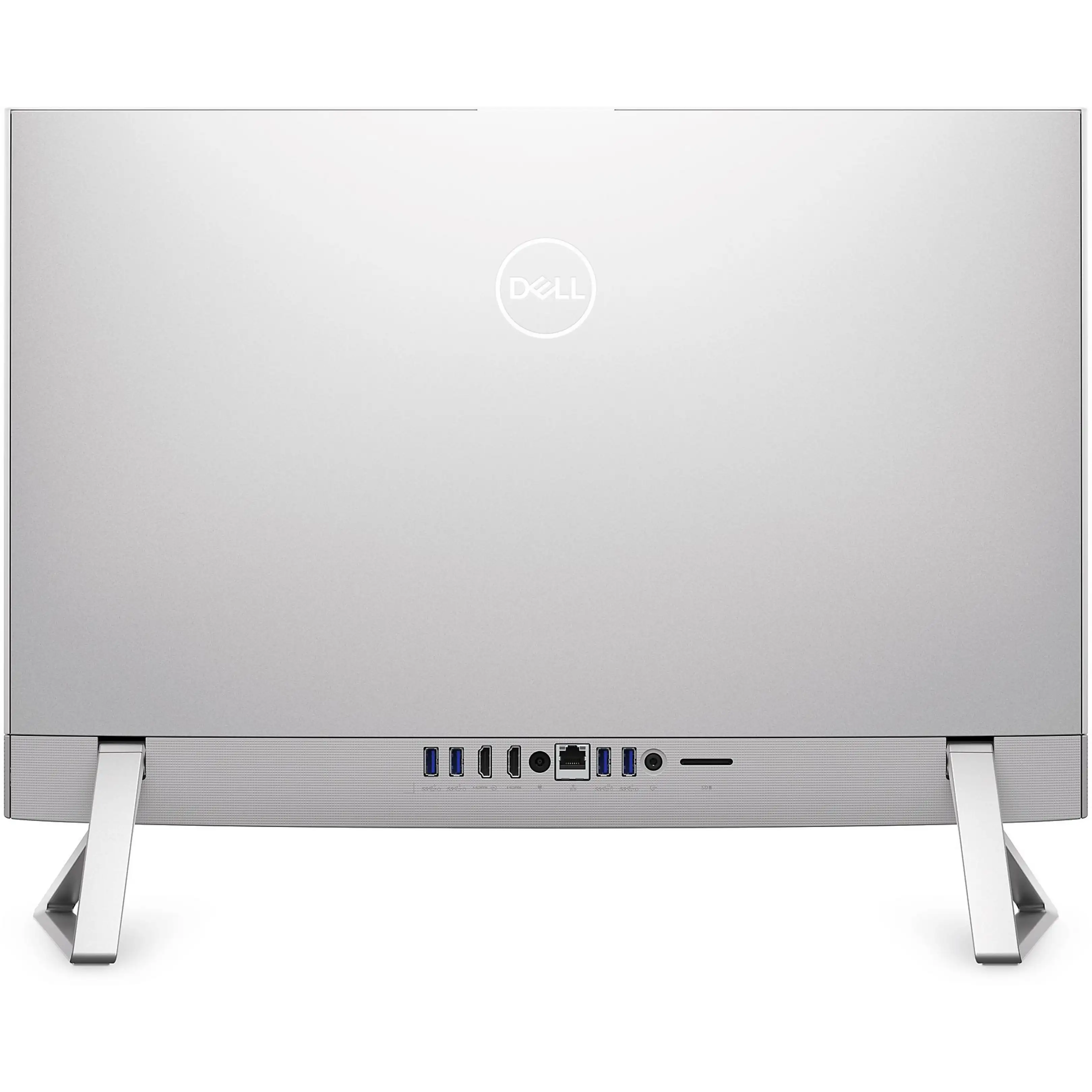 Retro di un computer all-in-one Dell argento con supporti e varie porte.