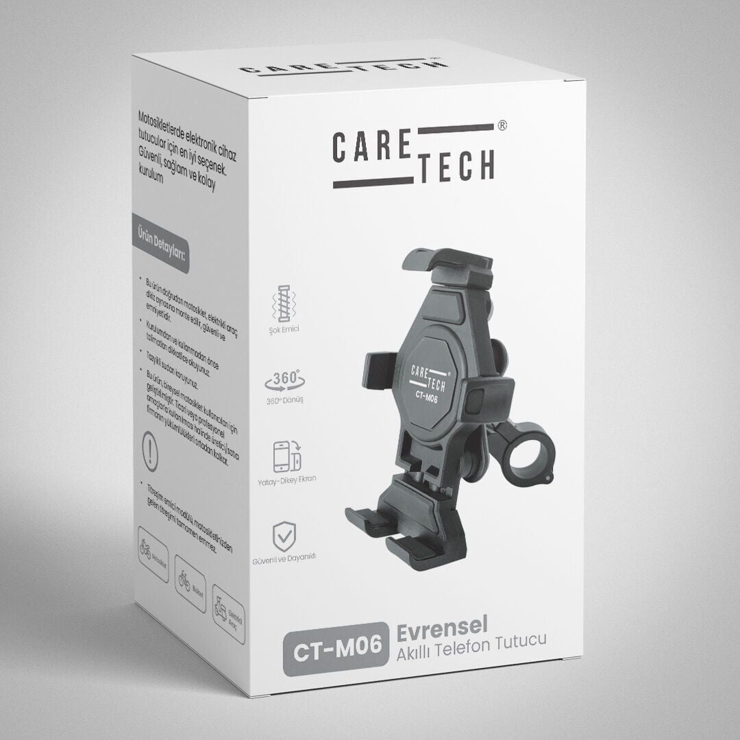 Caretech CT-M06 evrensel akilli telefon tutucu icin beyaz urun kutusu, ozellikler ve metin icerir.
