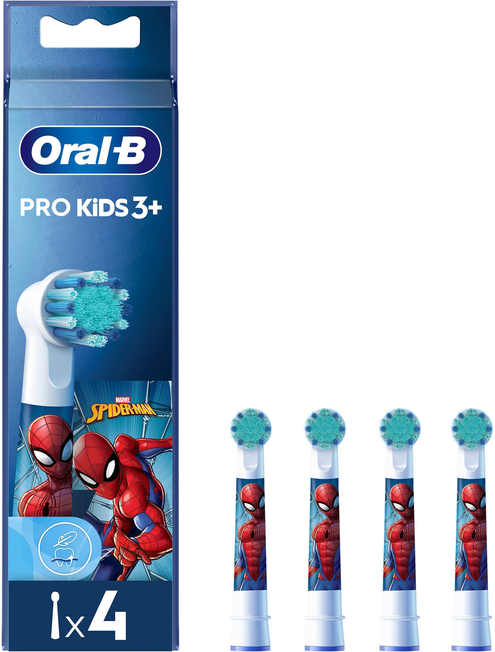 Quattro testine per spazzolino blu Oral-B Pro Kids 3+ Spider-Man e la loro confezione.