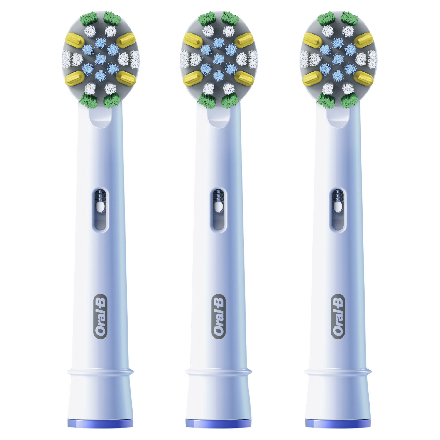Tre testine di ricambio Oral-B bianche con setole colorate e logo.