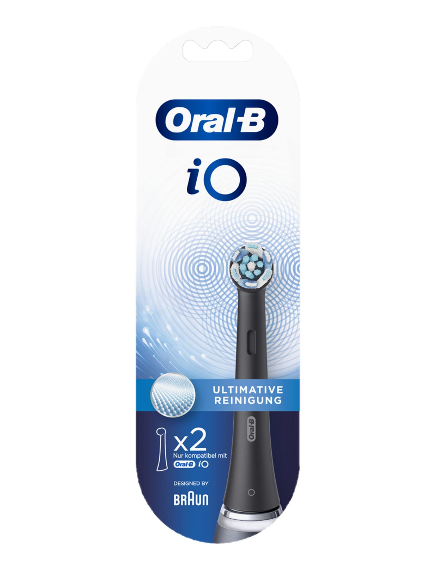 Confezione di due testine per spazzolino Oral-B iO nere con grafica di sfondo bianca.