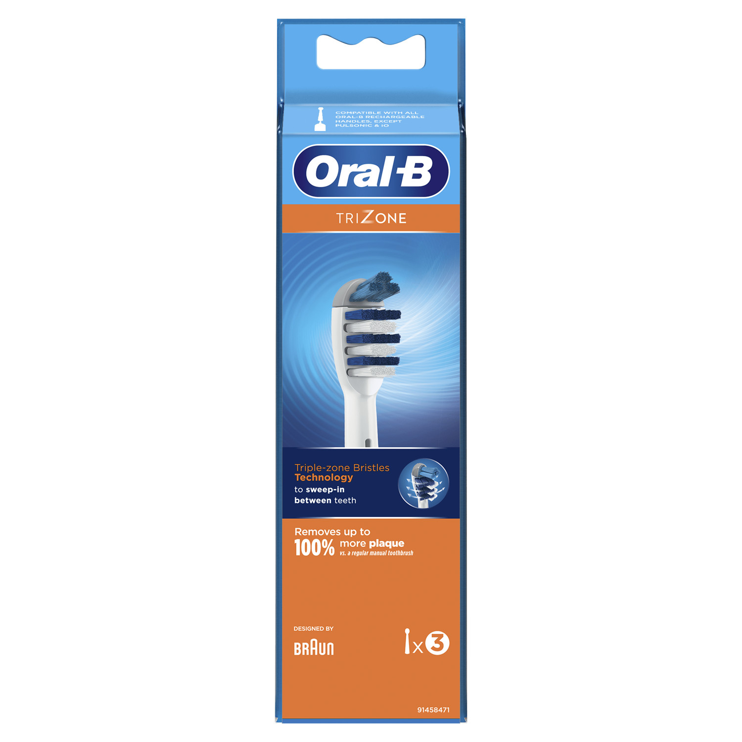 Empaque de cepillos de repuesto Oral-B TriZone azul con cabezal blanco y cerdas azules.
