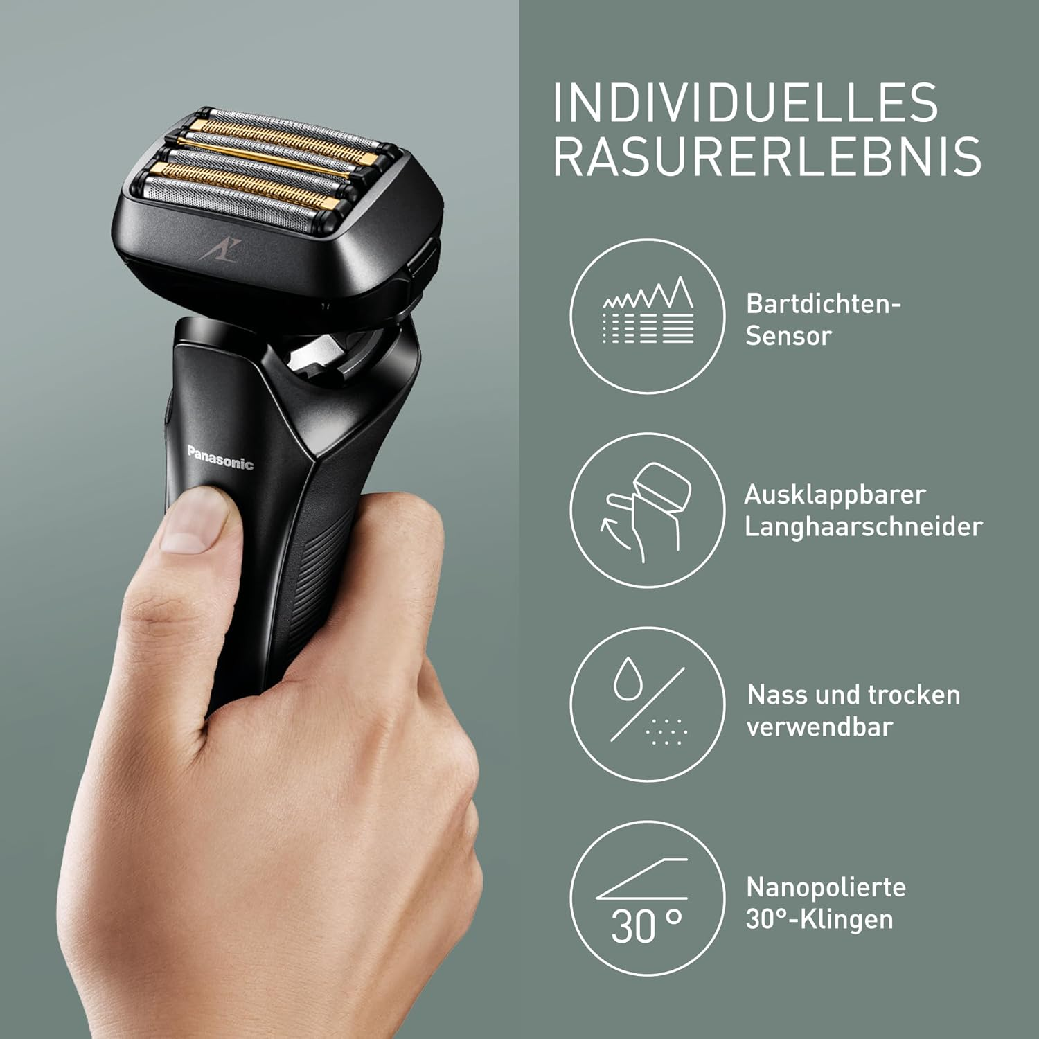 Hand hält schwarzen Panasonic Rasierer vor grauem Hintergrund mit vier Produktmerkmalen.