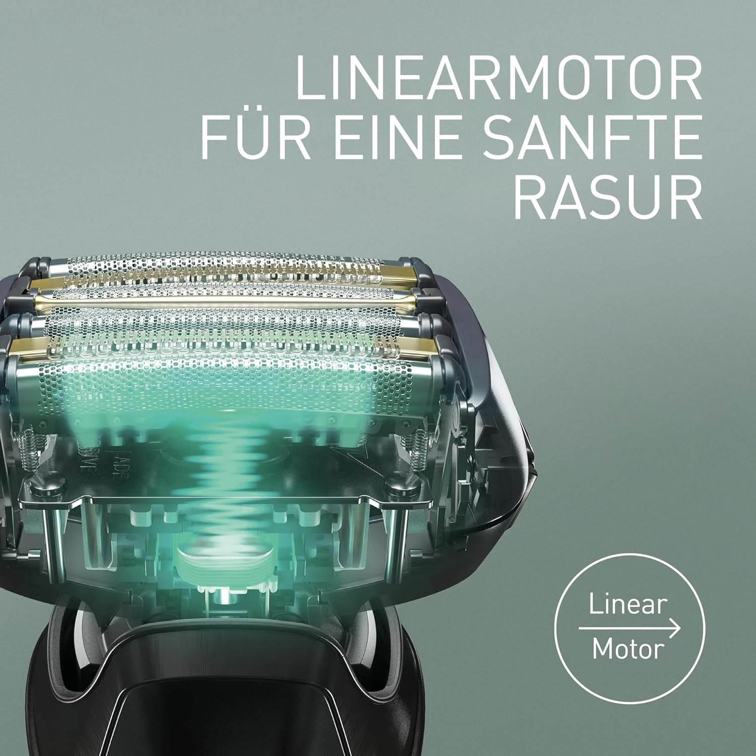 Nahaufnahme eines Rasierkopfes mit sichtbarem Linearmotor und dem Text Linear-Motor für eine sanfte Rasur.