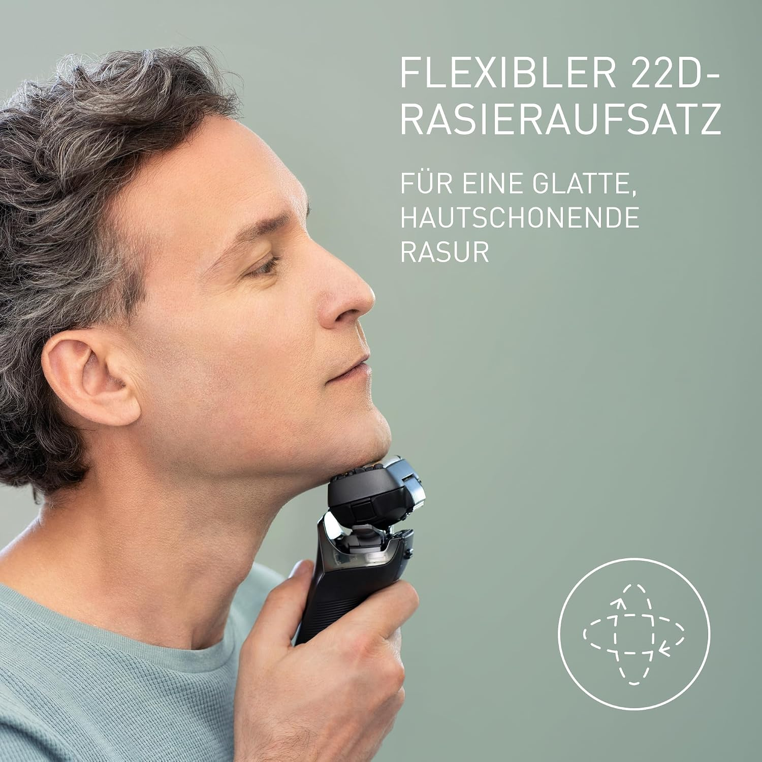 Ein Mann rasiert sein Kinn mit einem elektrischen Rasierer vor grünem Hintergrund mit Text.