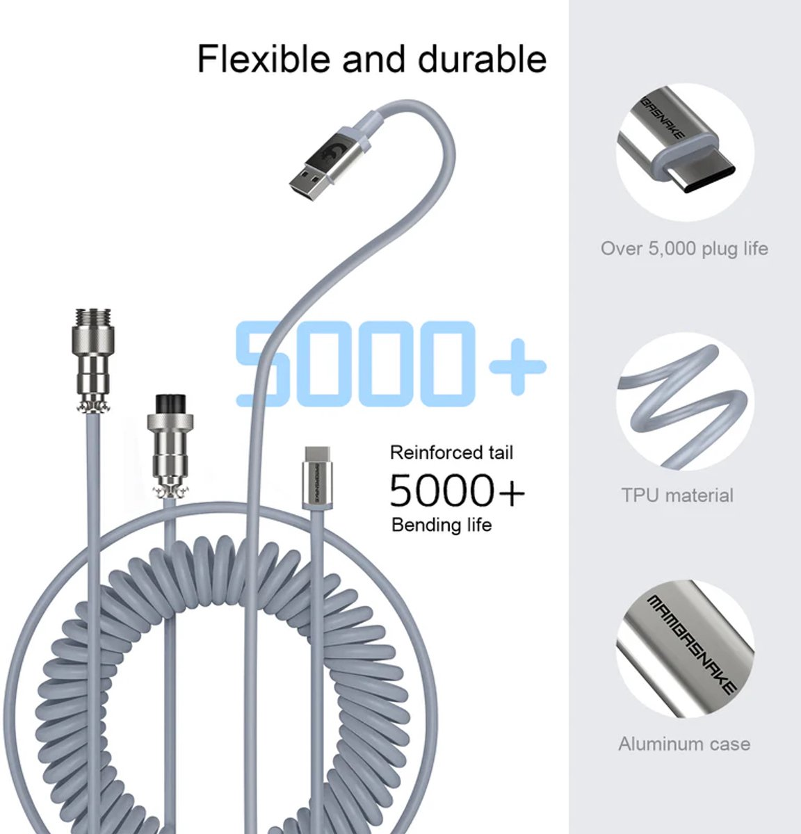 Grijs flexibel spiraalsnoer met duurzame USB-connector en metalen behuizing.