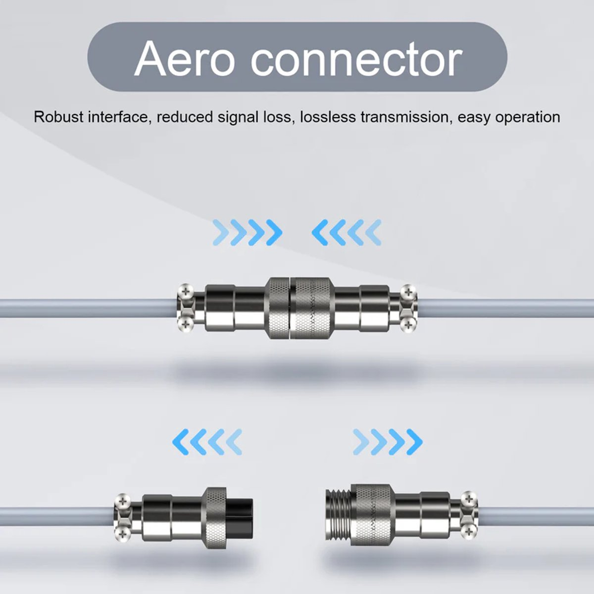 Een aeroconnector wordt aangesloten en losgekoppeld weergegeven met kabels en blauwe pijlen.