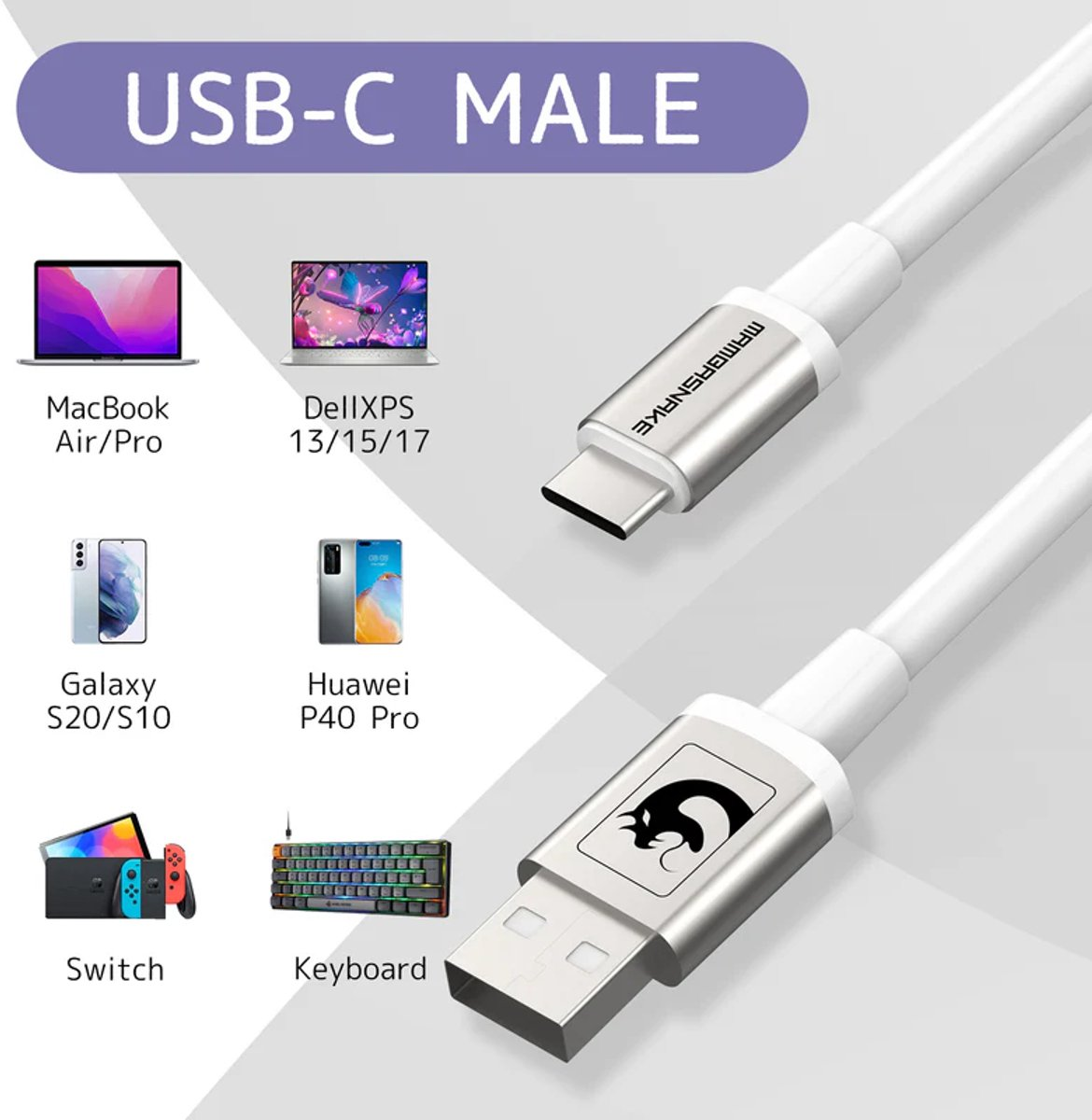 Witte USB-C mannelijke kabel en USB-A connector met compatiblen apparaten links.