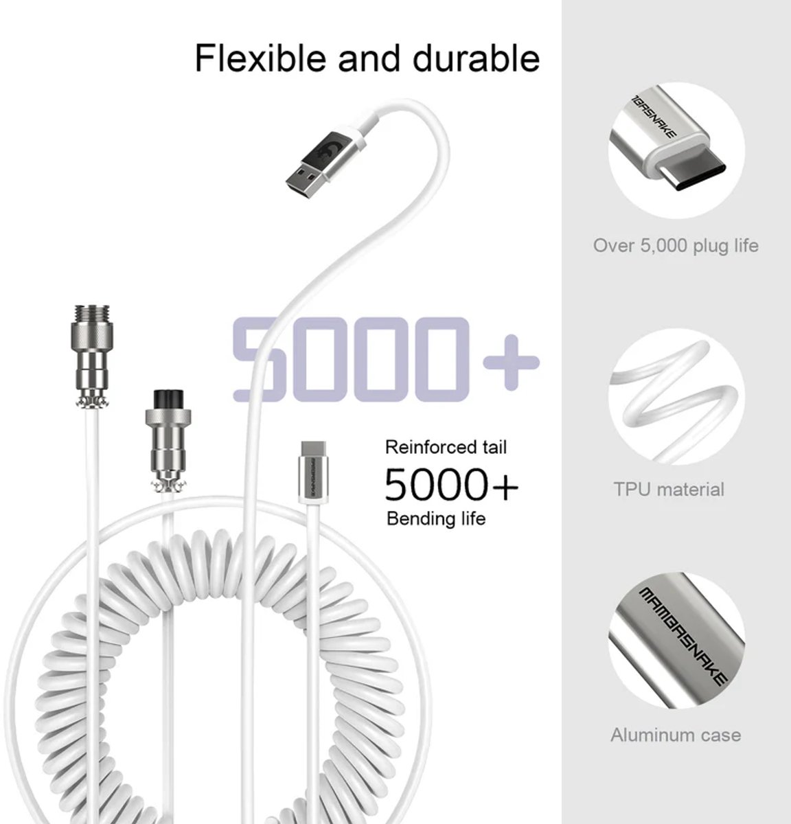 Flexibele en duurzame witte spiraalkabel met connectoren, TPU-materiaal en aluminium behuizing.