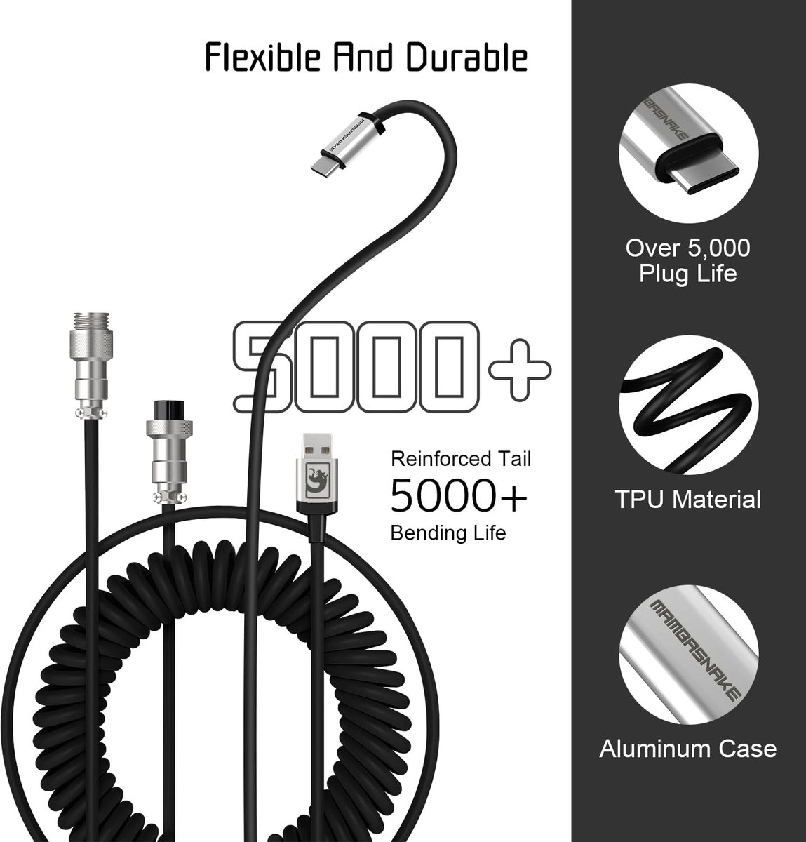 Duurzame zwarte USB-kabel met TPU, versterkteconnector en aluminiumbehuizing voor 5000+ plugcycli.