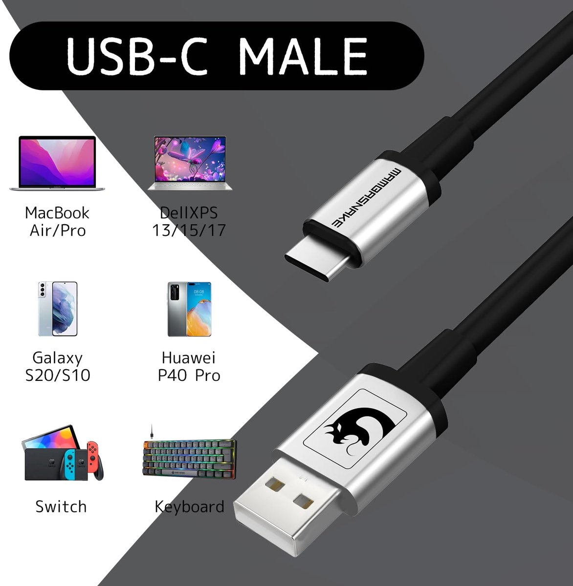 Productafbeelding van een USB-C- en USB-A-connector met voorbeelden van compatibele apparaten links.