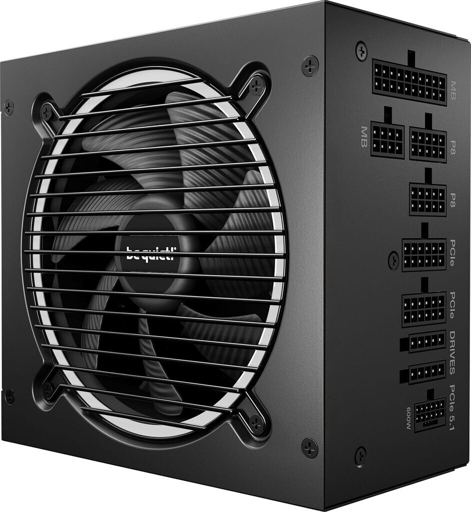 Schwarzes PC-Netzteil mit großem Ventilator und modularen Anschlüssen an der Seite.
