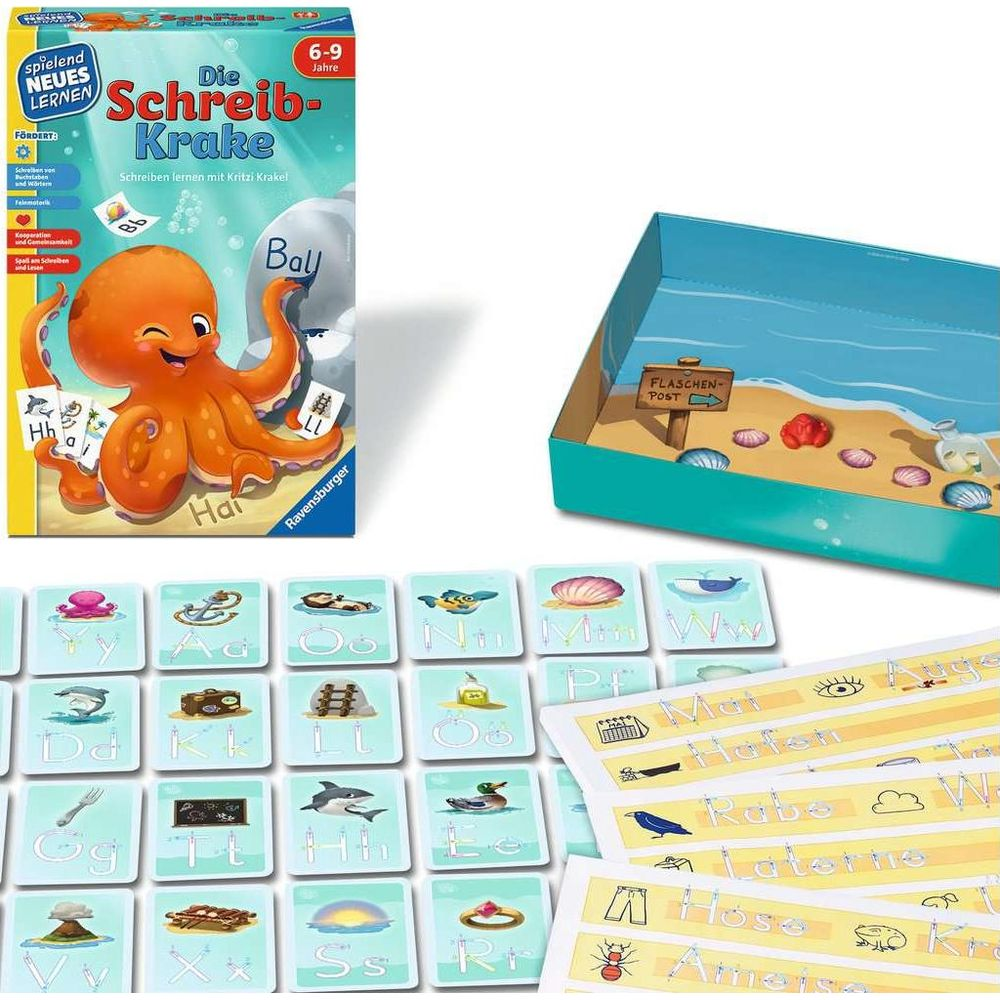 Gioco educativo Die Schreib-Krake di Ravensburger con scatola, carte e strisce di lettere su sfondo bianco.
