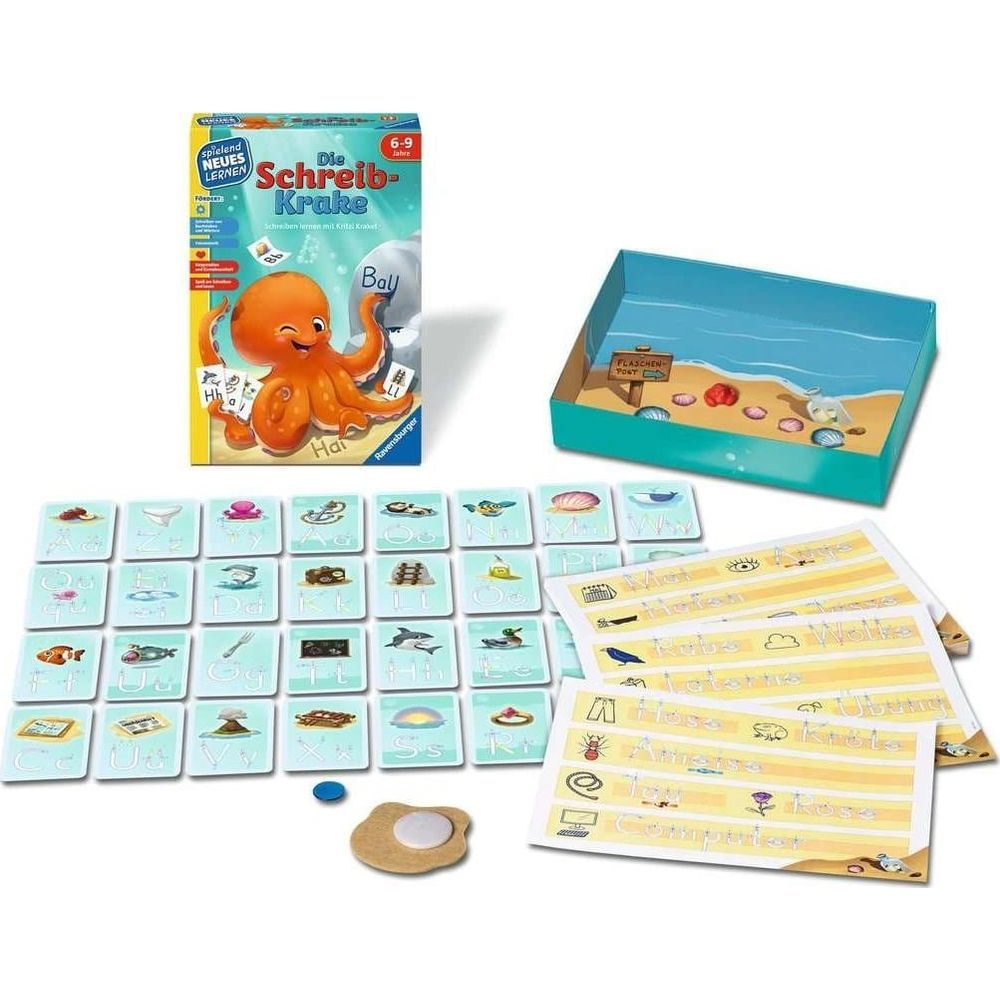 Un gioco da tavolo Ravensburger chiamato Die Schreibkrake con carte, scatola e fogli di pratica su sfondo bianco.