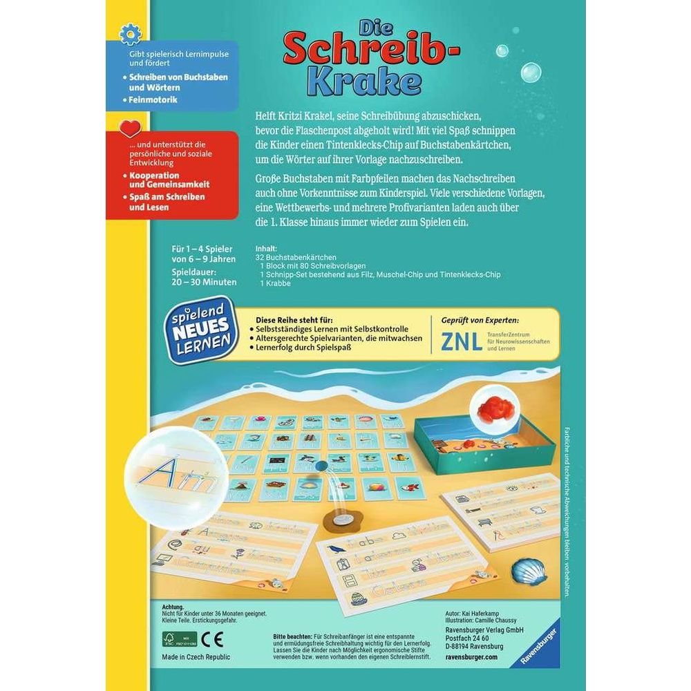 Retro della scatola del gioco educativo Ravensburger 'Die Schreib-Krake' con regole e contenuto.