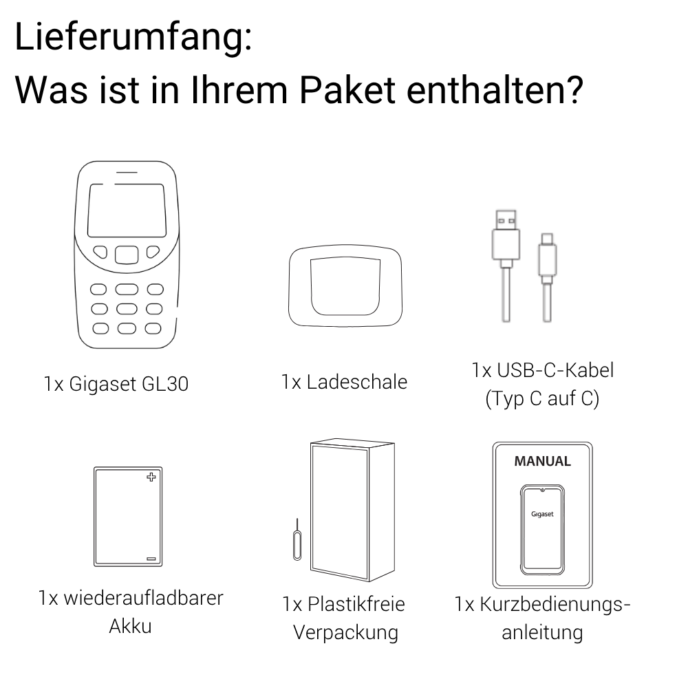 Diagramm zeigt Lieferumfang mit Smartphone, USB-C-Kabel, Akku, Werkzeug und Bedienungsanleitung.