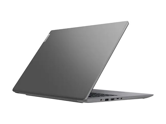 Ein grauer Laptop steht auf einer weißen Oberfläche, die Ansicht zeigt die geschlossene Rückseite und die rechte Seite.