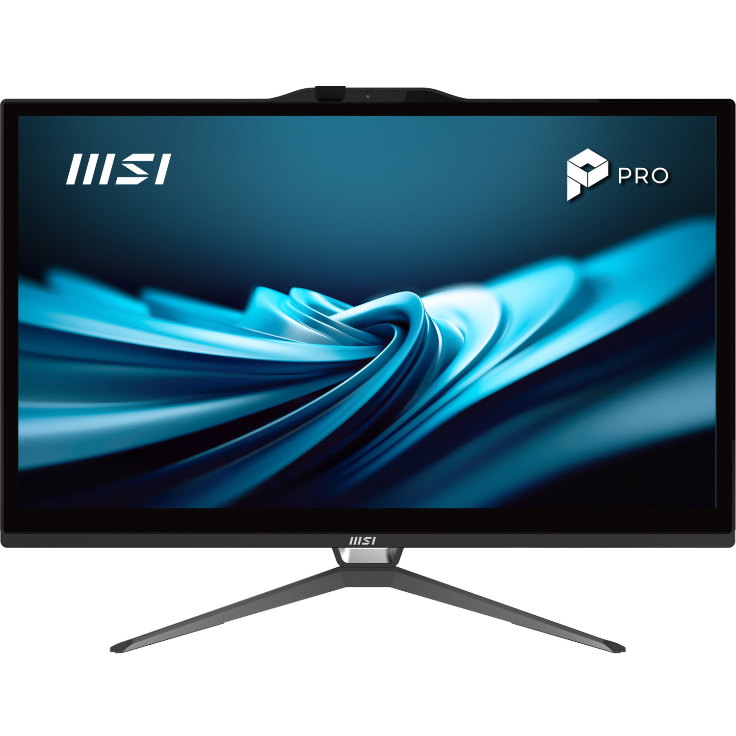 PC all-in-one MSI Pro con cornice nera, sfondo astratto blu stilizzato e supporto a V.