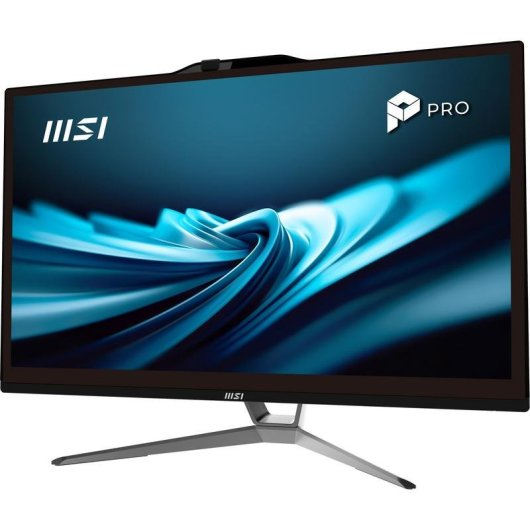 PC all-in-one MSI Pro su supporto argento con sfondo bianco e grafica dello schermo astratta blu.