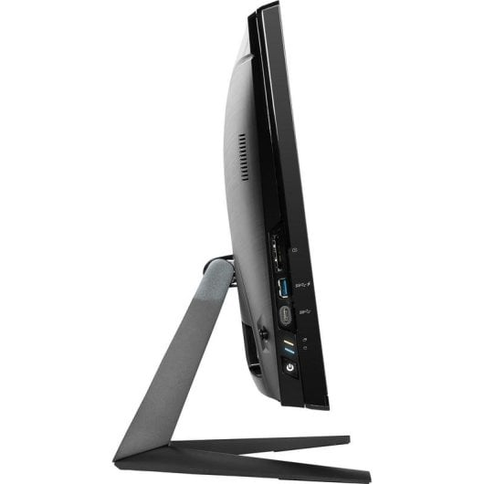 Vista laterale di un computer all-in-one nero con porte e supporto.