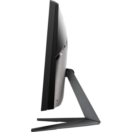 Vista laterale di un monitor per computer nero e argento con un robusto supporto a V.