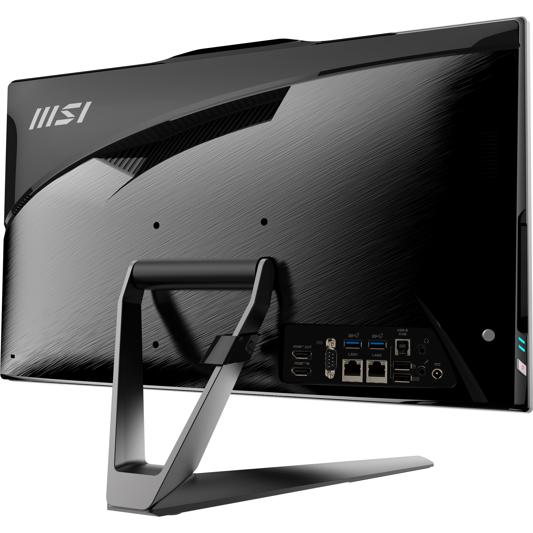 Vista posteriore di un monitor MSI con supporto e varie porte.