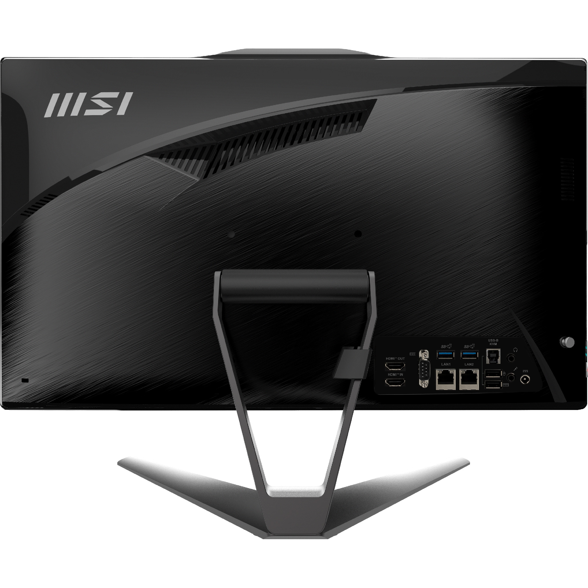 Il retro di un monitor MSI nero con supporto a V e varie porte in basso a destra.