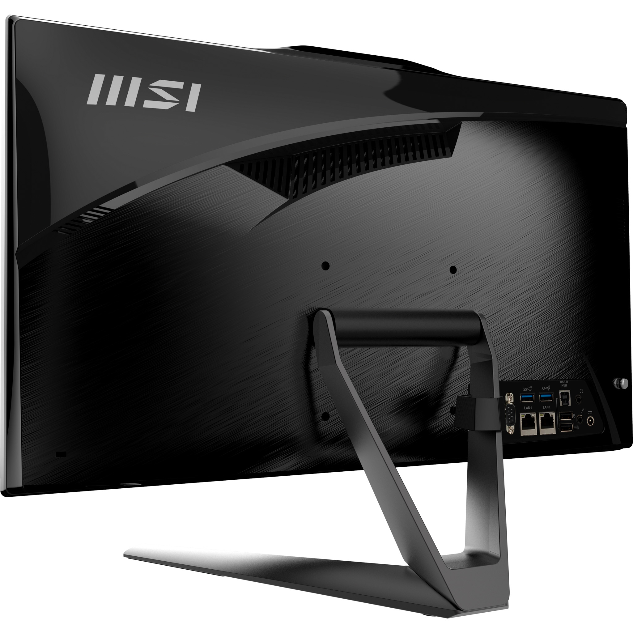 Vista posteriore di un monitor da gioco MSI nero con supporto a V e porte visibili.