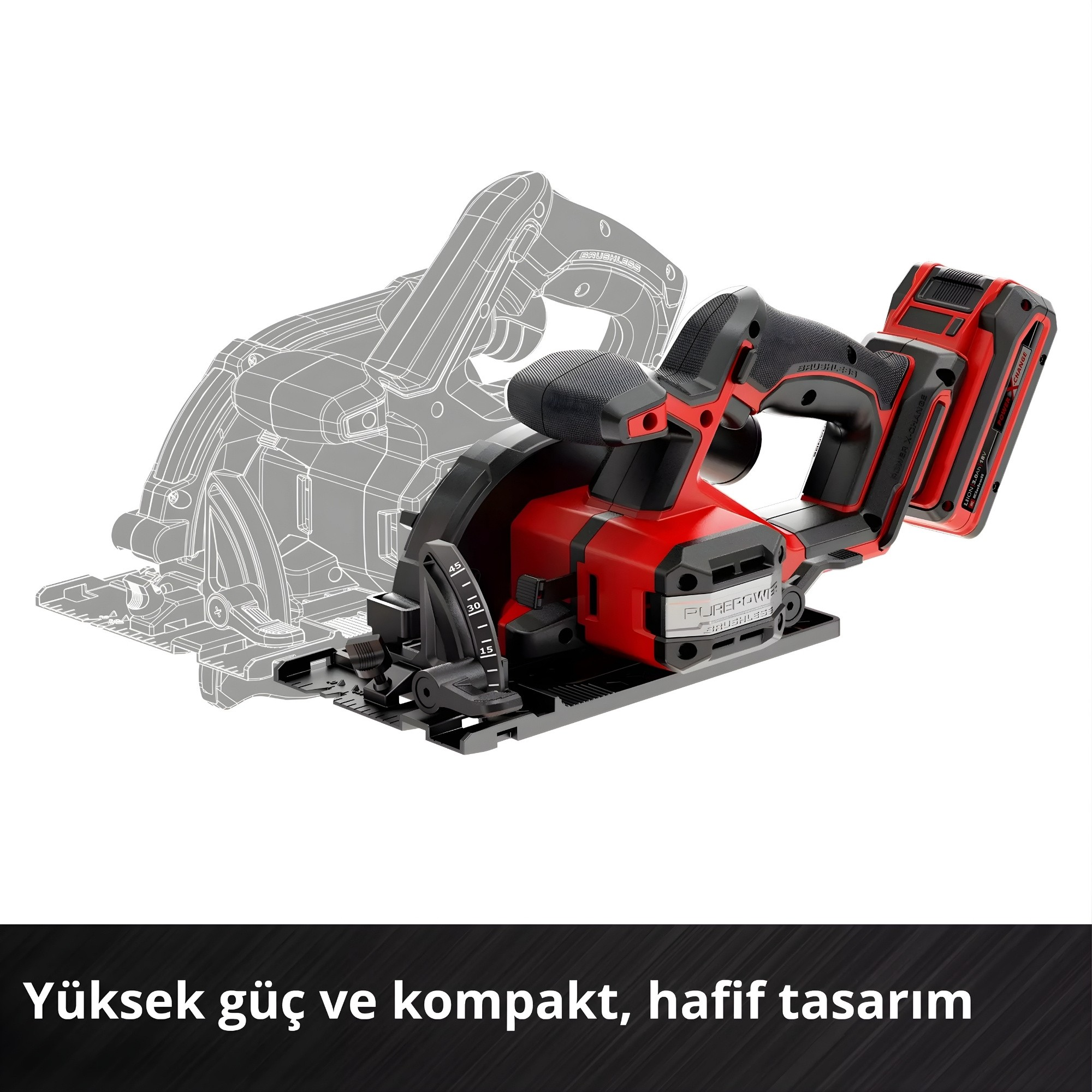 Arka planda şeffaf tel kafeterya çizimi olan kırmızı ve siyah akülü daire testere.