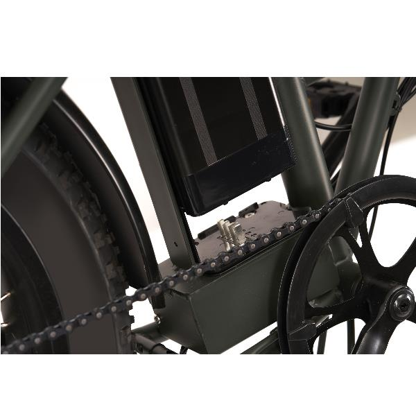 Primo piano di una e-bike verde con batteria montata, catena e corona.