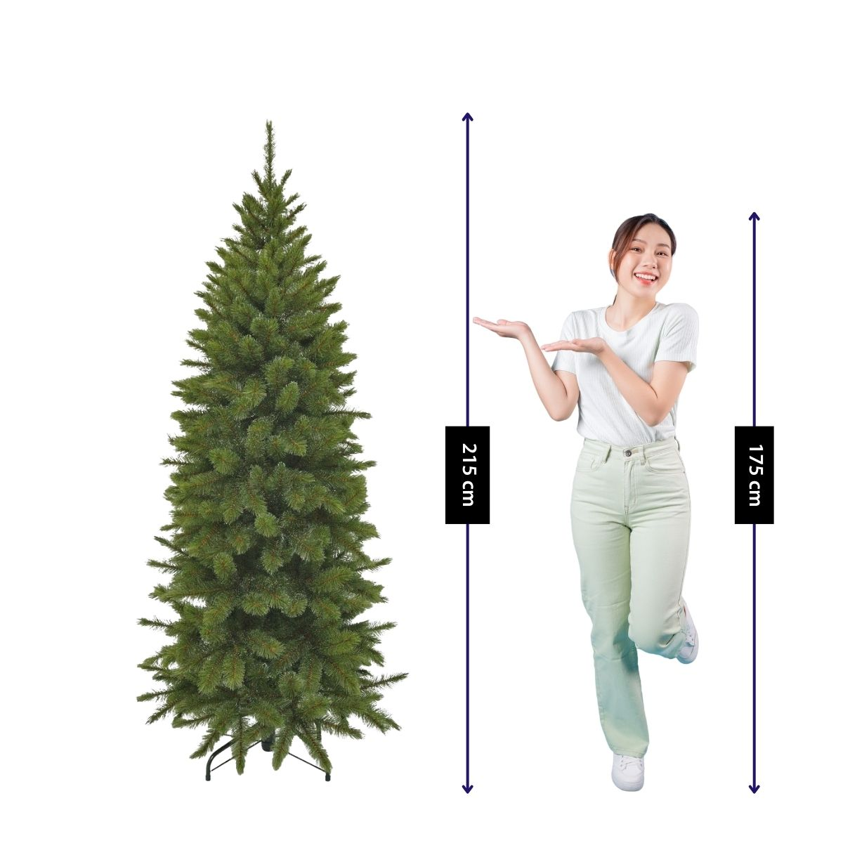 A woman stands beside a 215 cm tall artificial Christmas tree.