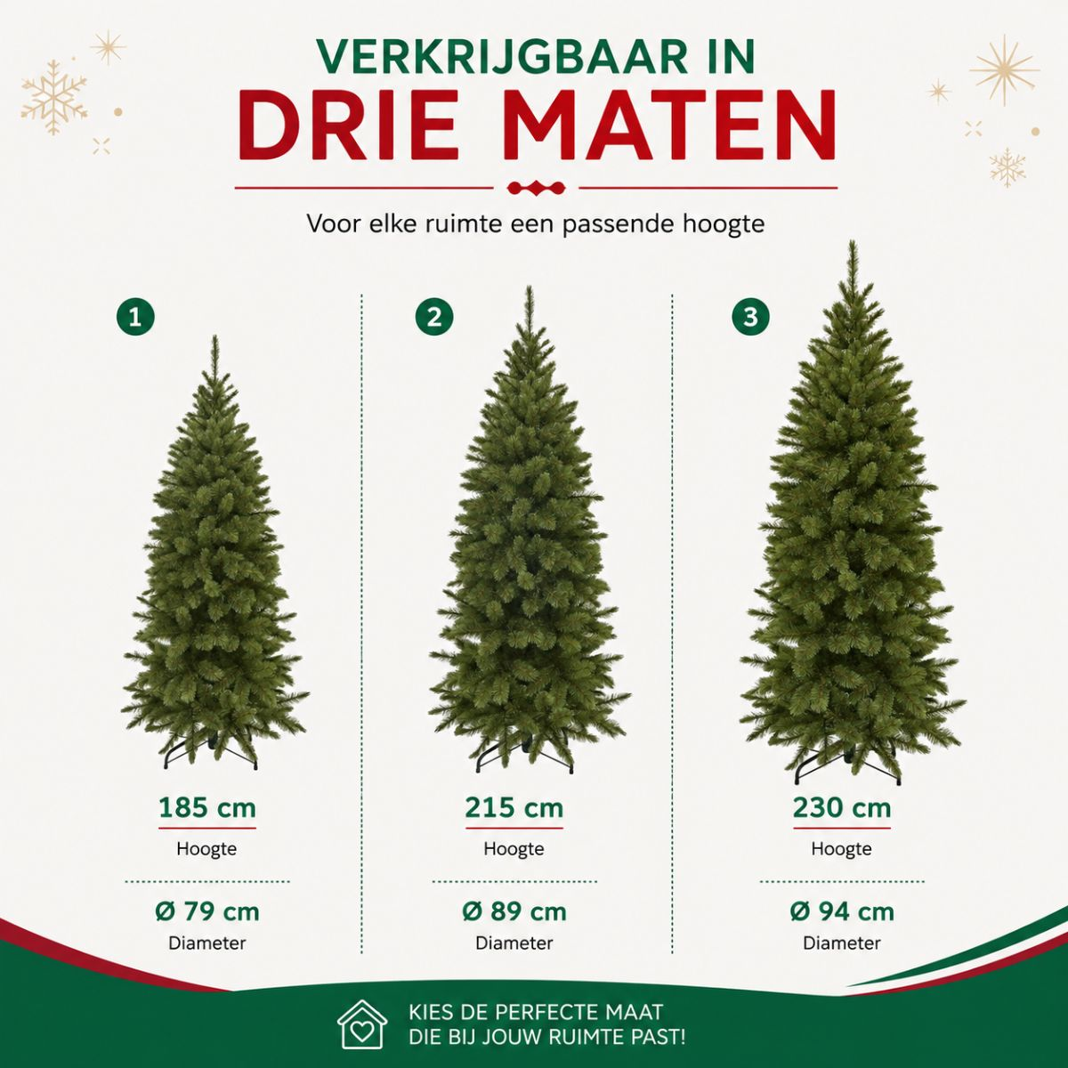 Three artificial Christmas trees in sizes 185 cm, 215 cm, and 230 cm displayed on a light background.