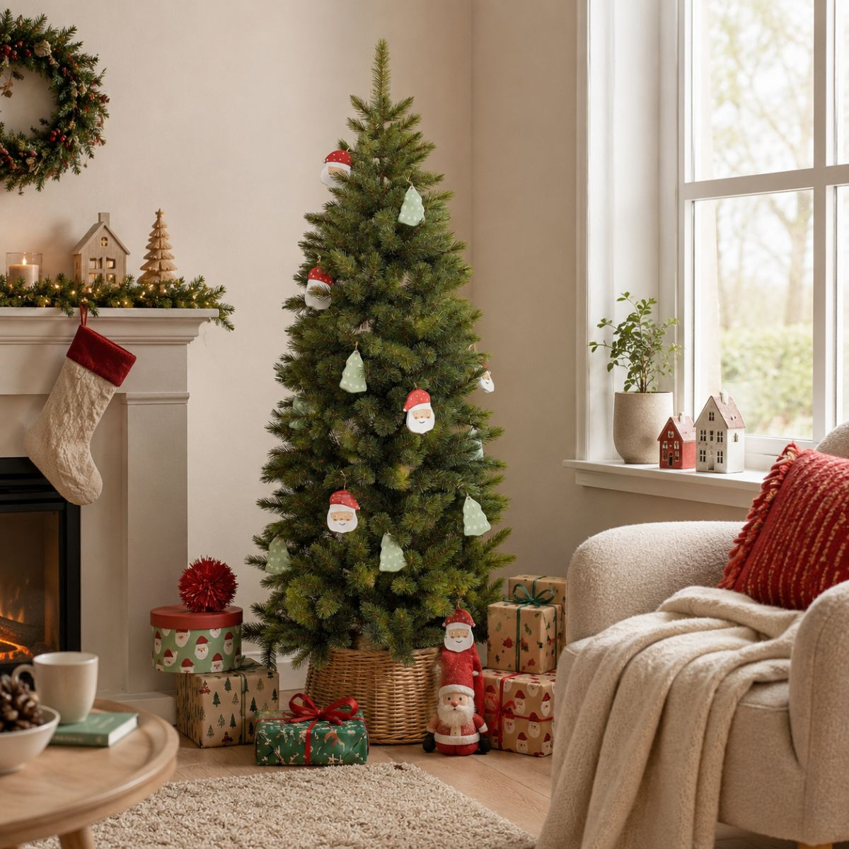 A Christmas tree stands in a living room near a fireplace and gifts, with an armchair and window in the background.