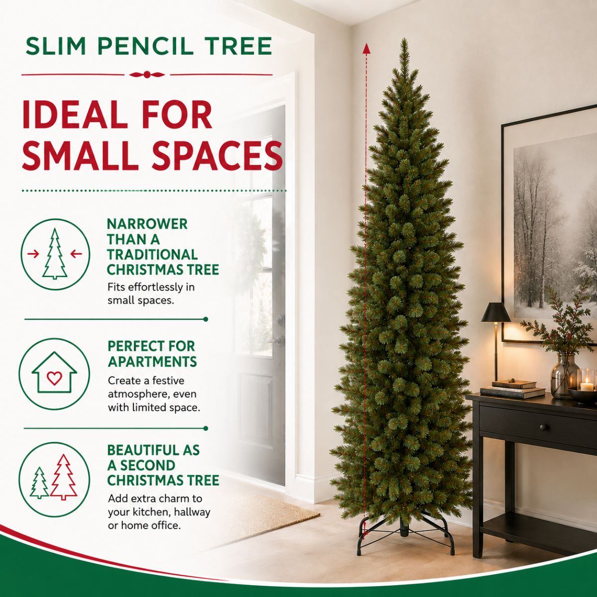 A slim artificial Christmas tree stands in a bright hallway next to a black console table with a lamp.