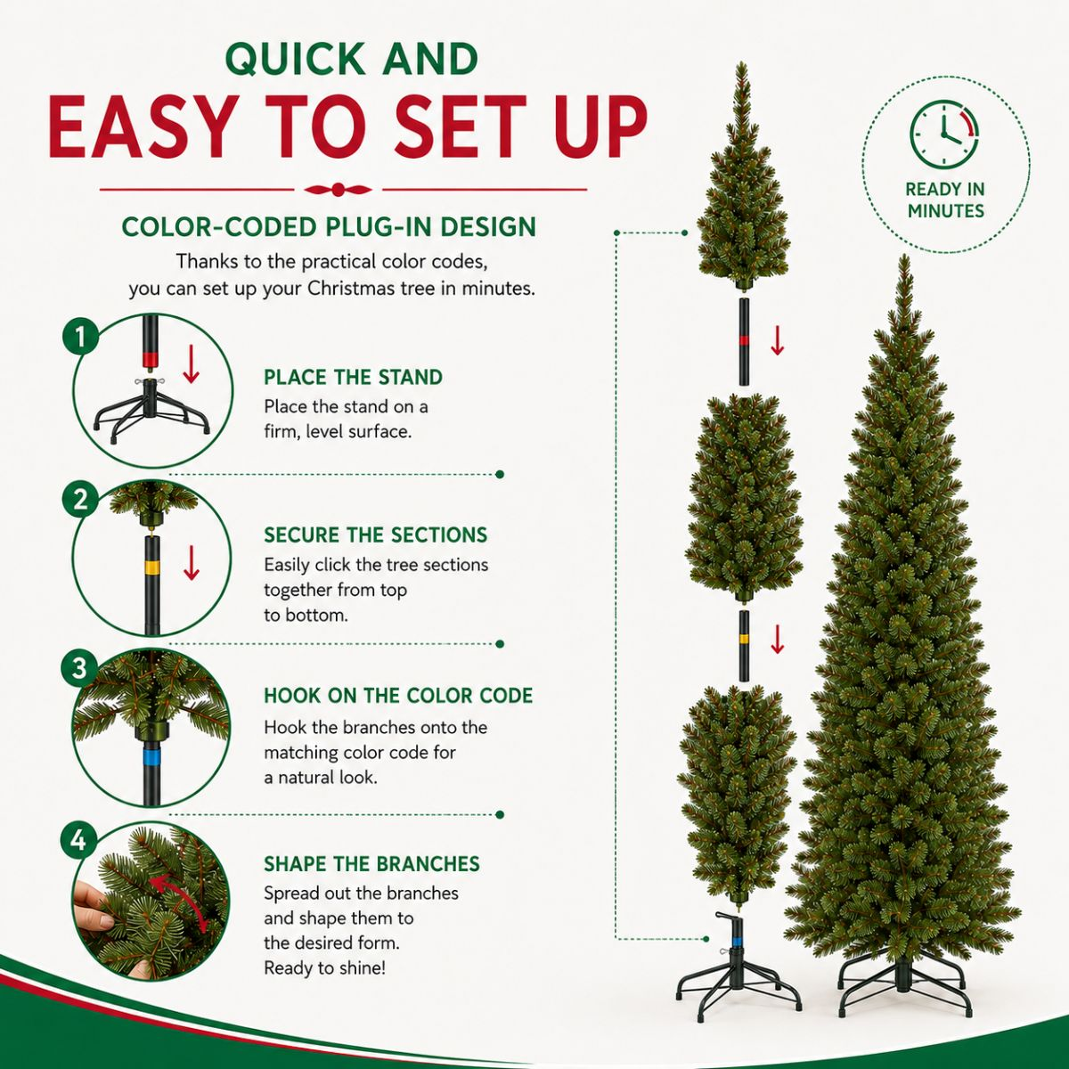 An instructional guide illustrating four easy steps to assemble and shape an artificial Christmas tree.