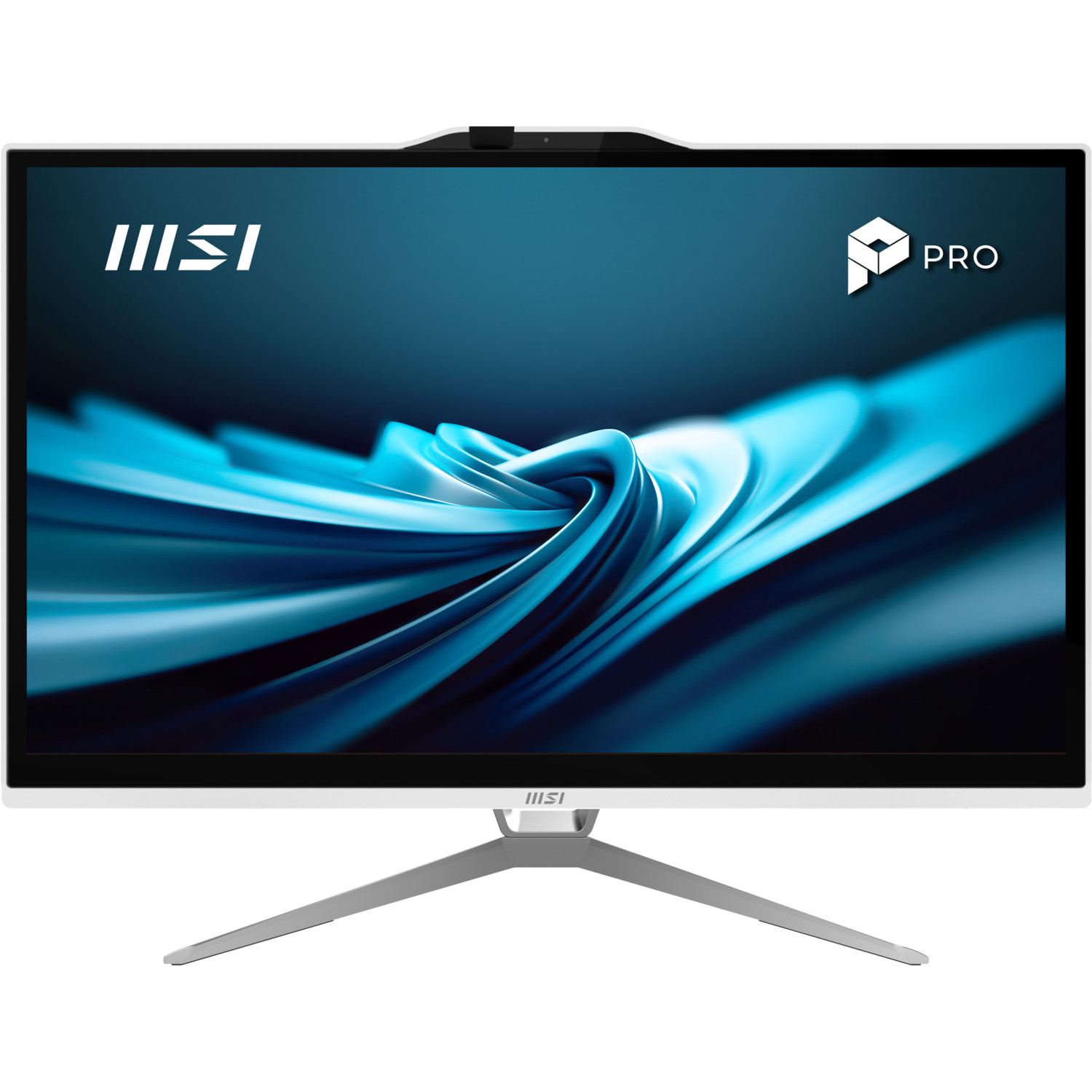 PC All-in-One MSI con cornice bianca e sfondo dello schermo blu astratto.
