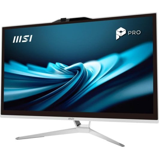 Un computer desktop all-in-one MSI con sfondo a onde astratte blu e supporto argento.