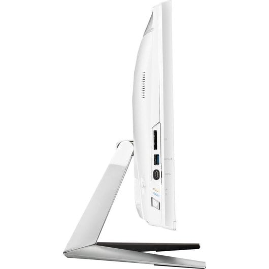 Vista laterale di un computer all-in-one bianco con supporto argentato e porte visibili.
