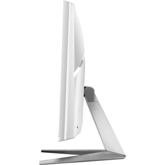 Vista laterale di un monitor di computer bianco con supporto grigio chiaro su sfondo bianco.