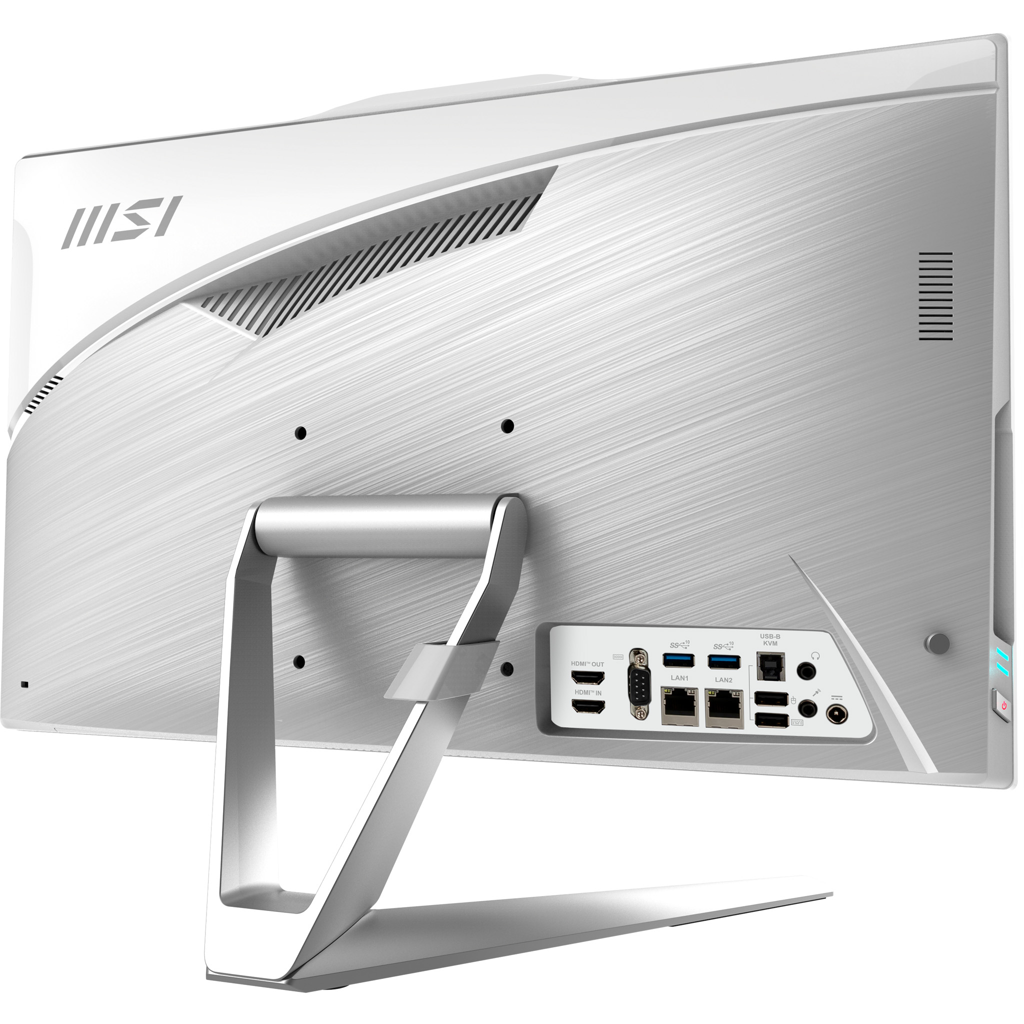Retro di un monitor MSI argento con il suo supporto e varie porte di connessione.