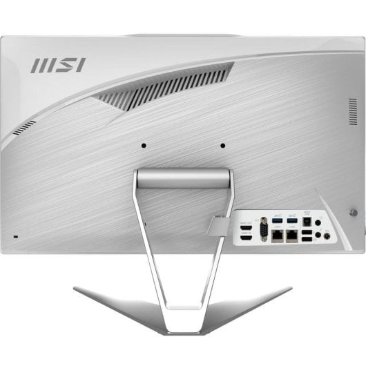 Vista posteriore di un computer all-in-one MSI argento con supporto e porte.