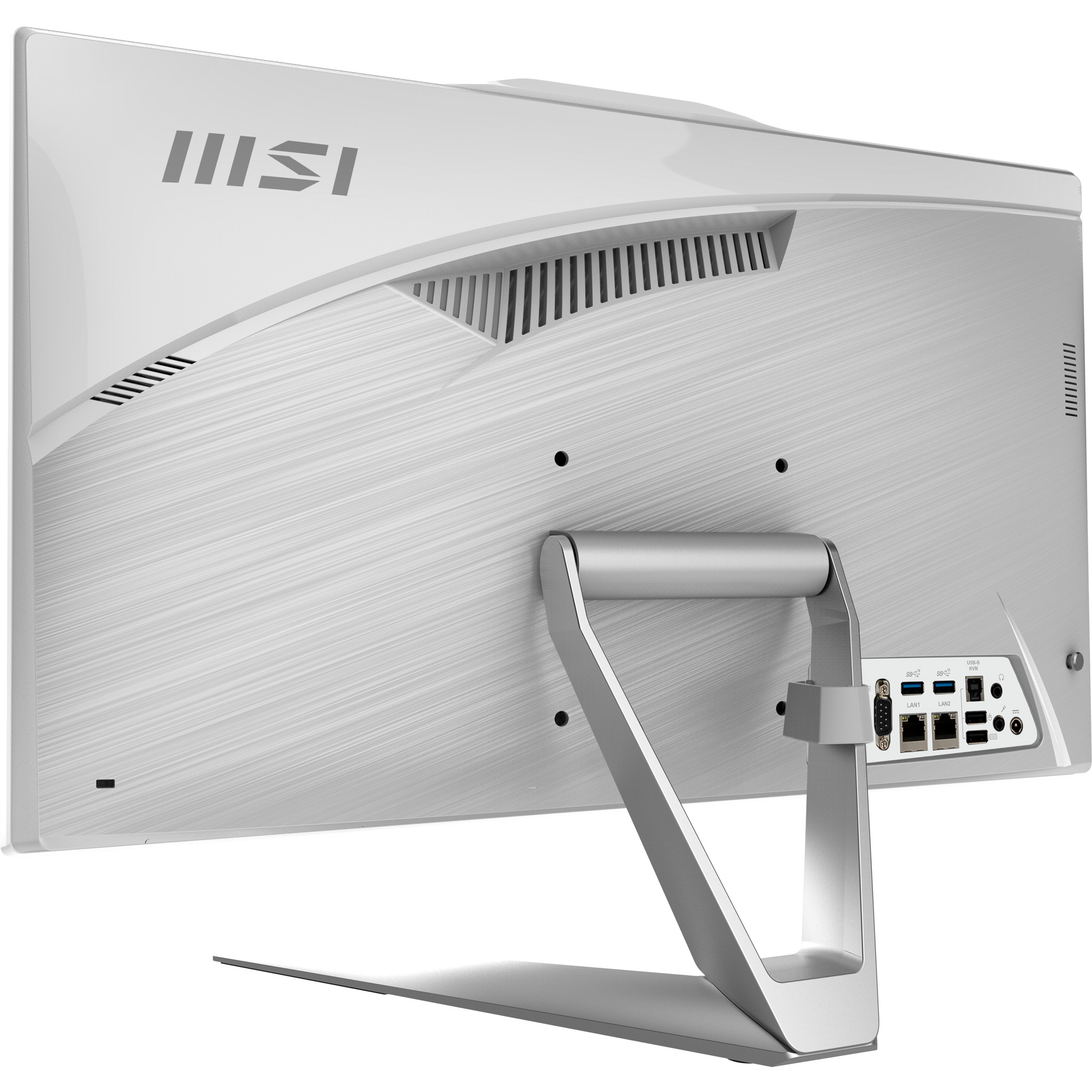 Vista posteriore di un monitor MSI bianco con pannello posteriore argento, supporto e porte.