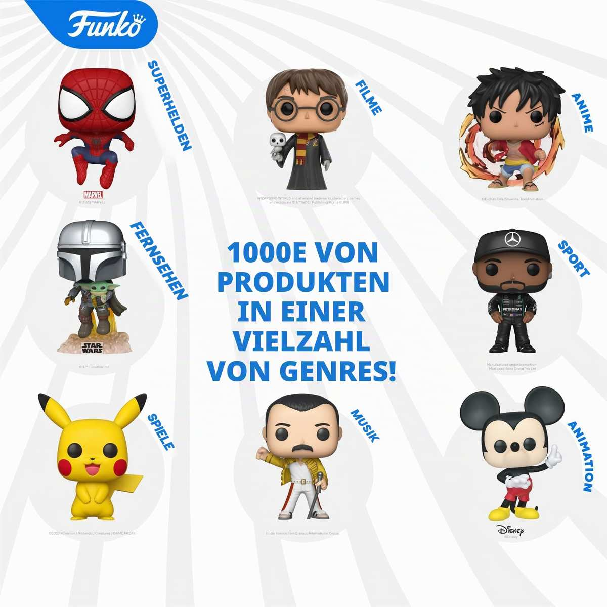 Póster de Funko con varias categorías de figuras pop como Marvel, Harry Potter y anime.