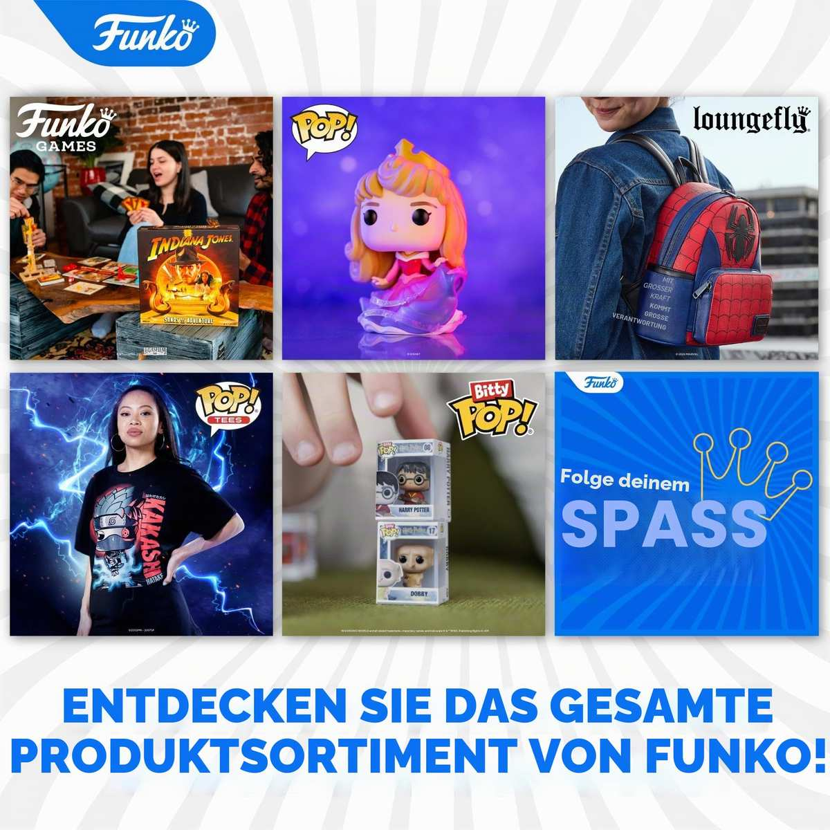 Un collage de productos Funko que incluye juegos, figuras, mochilas y camisetas, promocionando la marca.