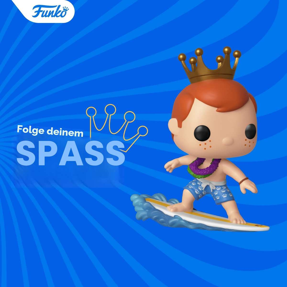 Una figura de Funko con corona hace surf en una ola azul sobre fondo azul con texto.