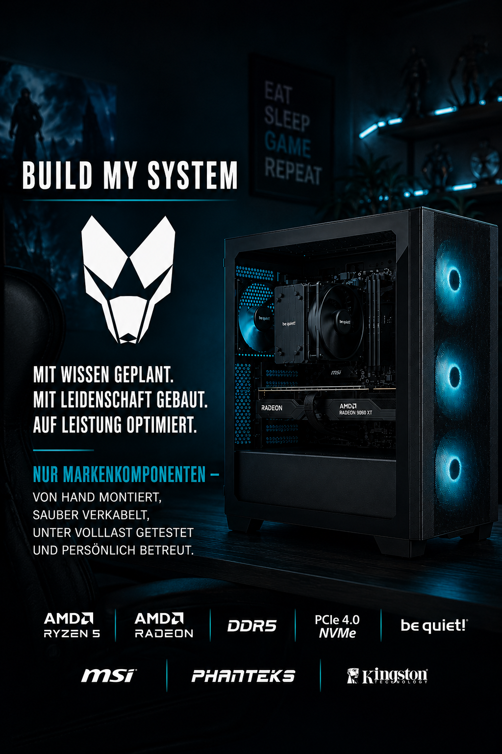 Ein beleuchteter Gaming-PC auf einem Schreibtisch mit Texten und Markenlogos im Hintergrund.