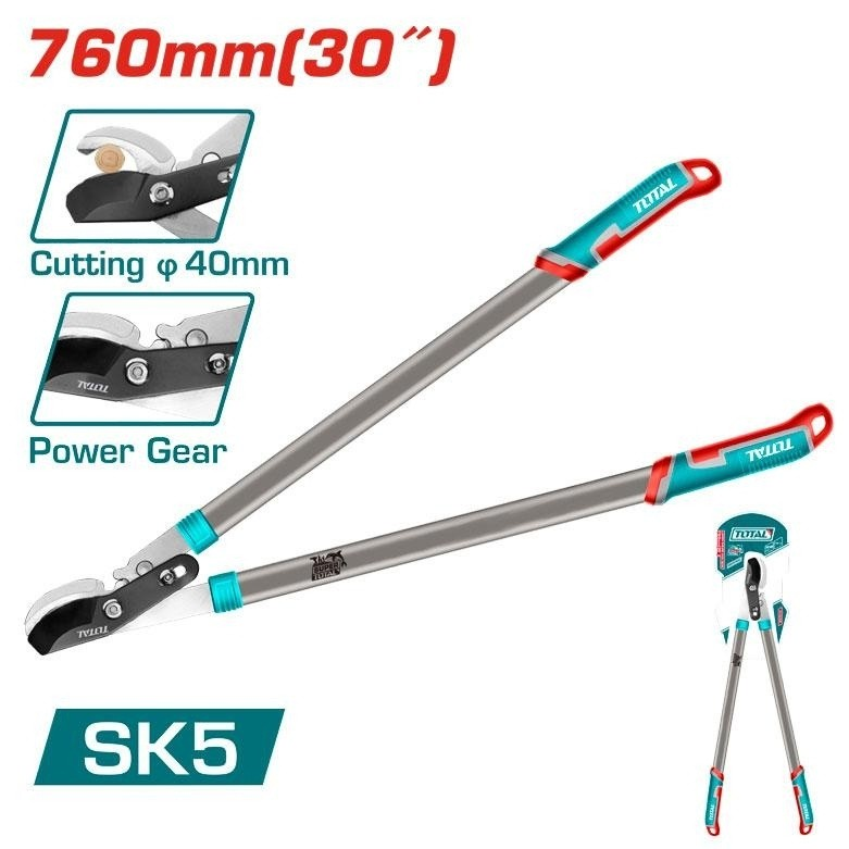 SK5 bıçaklı, 760 mm uzunluğunda, güç mekanizması ve kesim kapasitesi detaylı kırmızı-mavi budama makası.